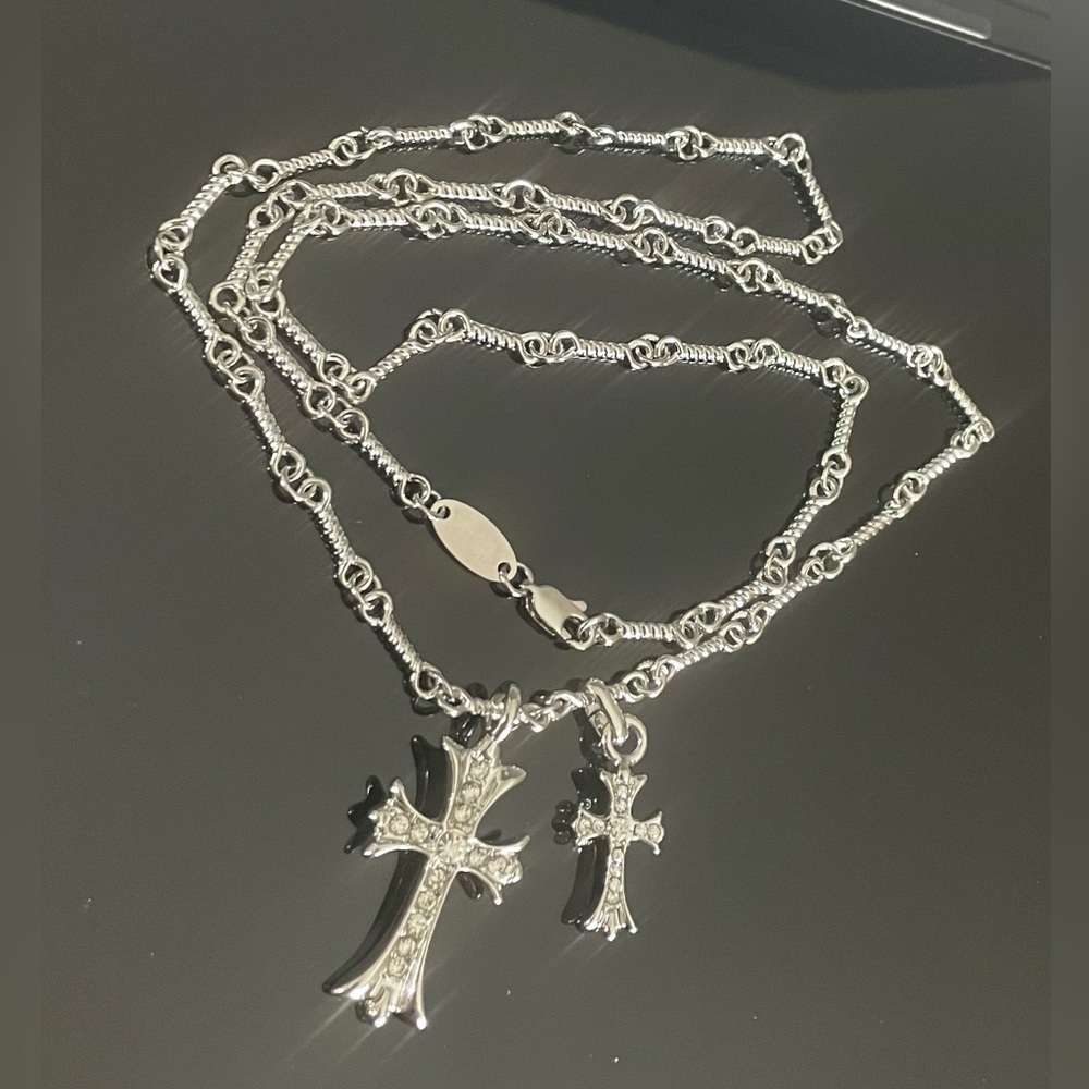 Double Zircon Cross Pendant , long well made Chain Unisex Necklace Brand new